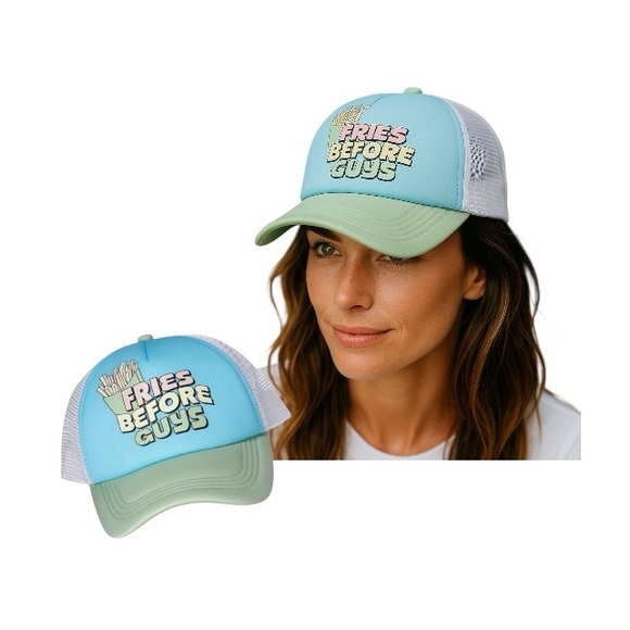 ‘Fries Before Guys’ No Boundaries Aqua and Sage Trucker Hat - Picture 1 of 6
